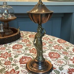 Rare Vintage Art Deco Brass Oil Lamp with Goddess Figurine